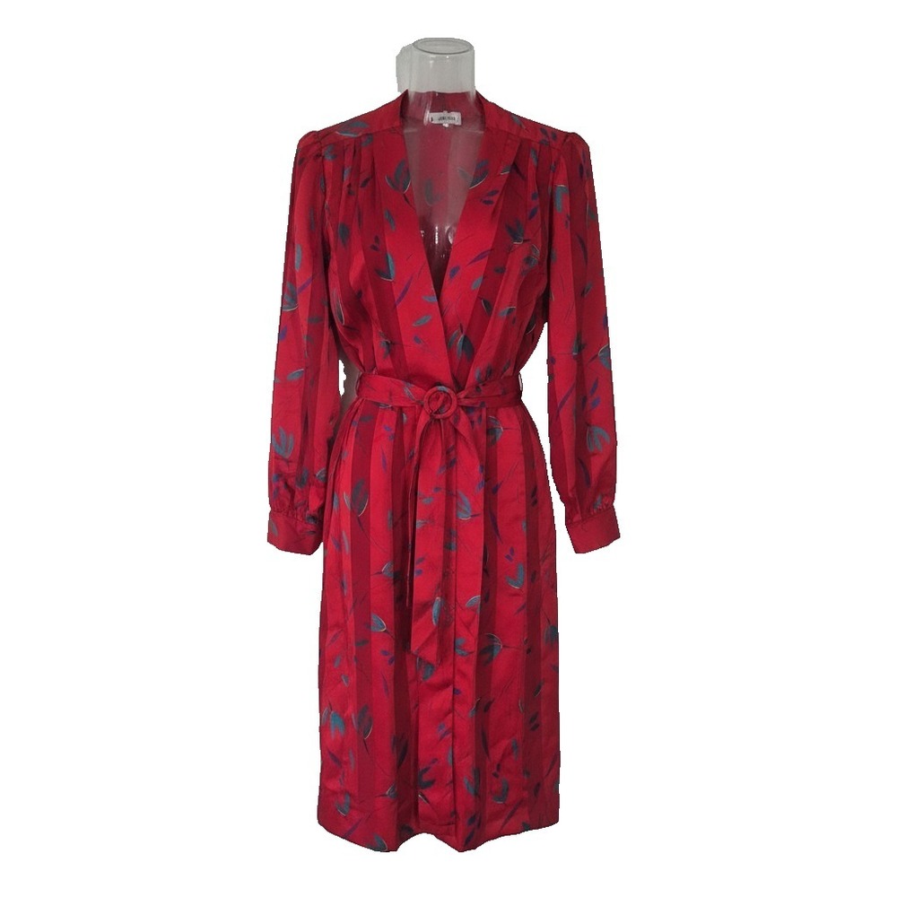 Red Striped Abstract Pattern Silk Dress Womens V Neck Wrap Front with Sash VTG